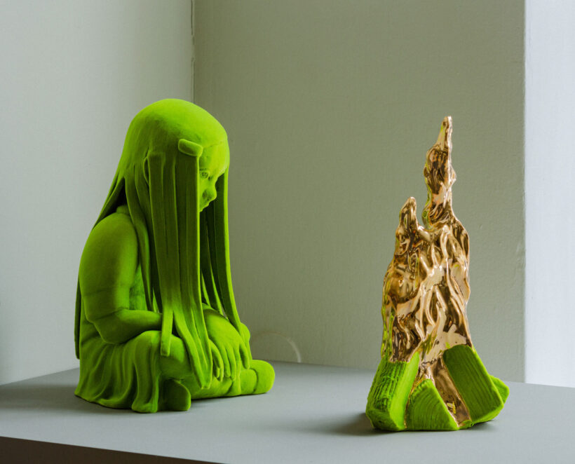 Kim Simonsson, sculpture, edition, moss people, bonfire, girl, gold